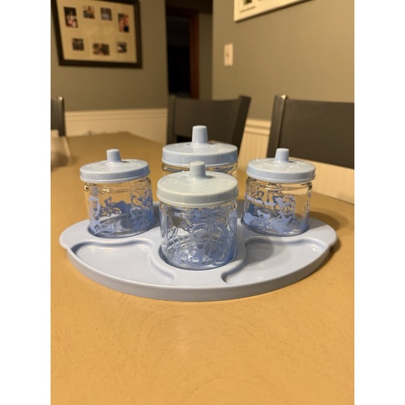 Other - Baby Nursery Vanity Changing Table Glass Jar Set Tray Lids Pink 1950s Vintage
